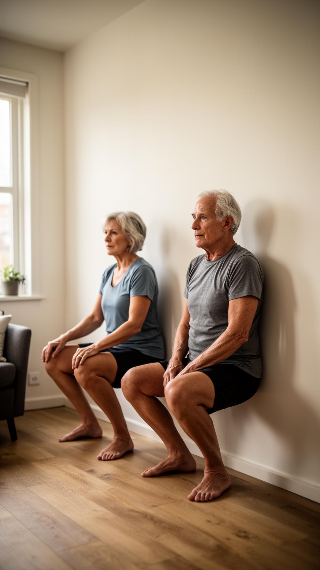 Pareja mayor realizando un ejercicio isométrico en casa