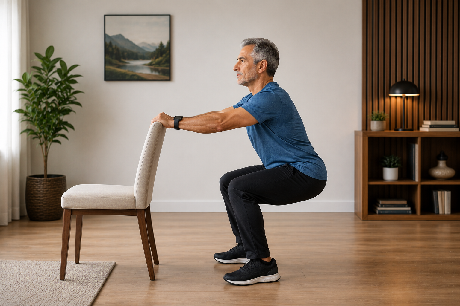 Adulto mayor realizando una sentadilla con peso corporal
